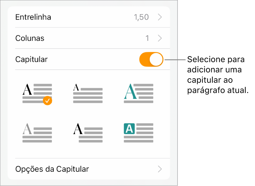 Controles Capitular localizados no menu Texto.