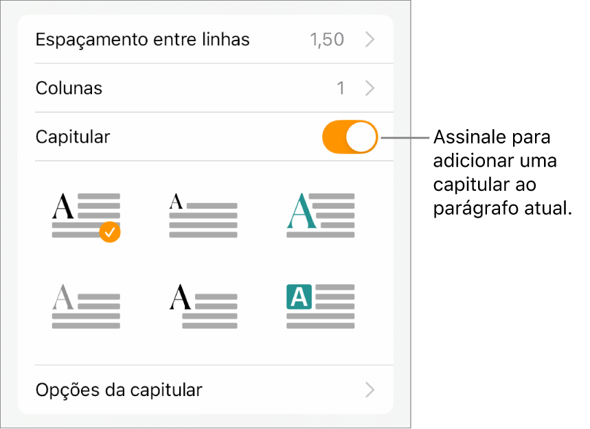 Os controlos de "Capitular” no menu “Texto”.