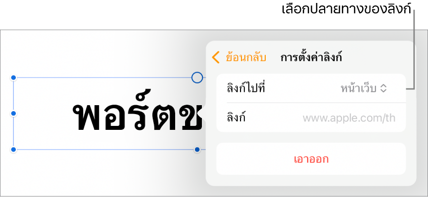 ตัวควบคุมการตั้งค่าลิงก์ที่มีหน้าเว็บถูกเลือกอยู่ และปุ่มเอาออกที่ด้านล่างสุด