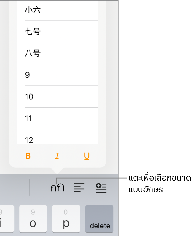 ปุ่มขนาดแบบอักษรด้านขวาของแป้นพิมพ์ iPad โดยมีเมนูขนาดแบบอักษรเปิดอยู่ ขนาดแบบอักษรตามมาตรฐานของรัฐบาลจีนแผ่นดินใหญ่จะแสดงที่ด้านบนสุดของเมนูโดยมีขนาดจุดอยู่ด้านล่าง