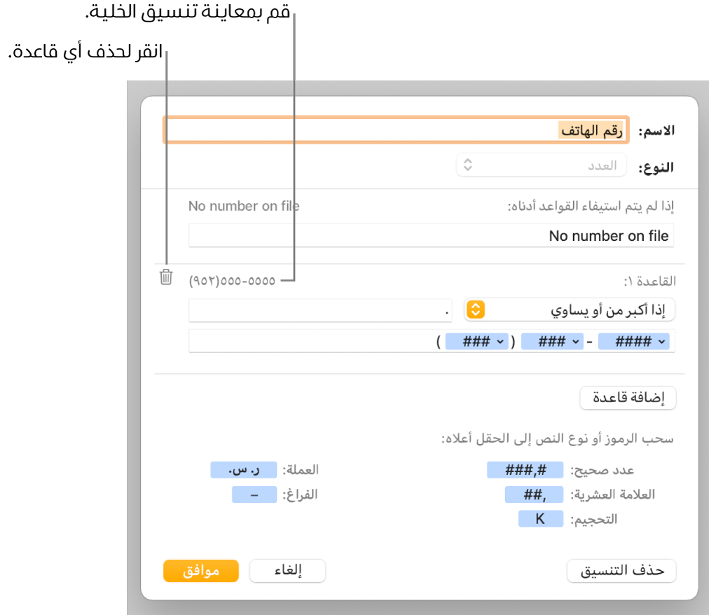 نافذة تنسيق خلية مخصصة مع عناصر تحكم لاختيار التنسيق المخصص للرقم.