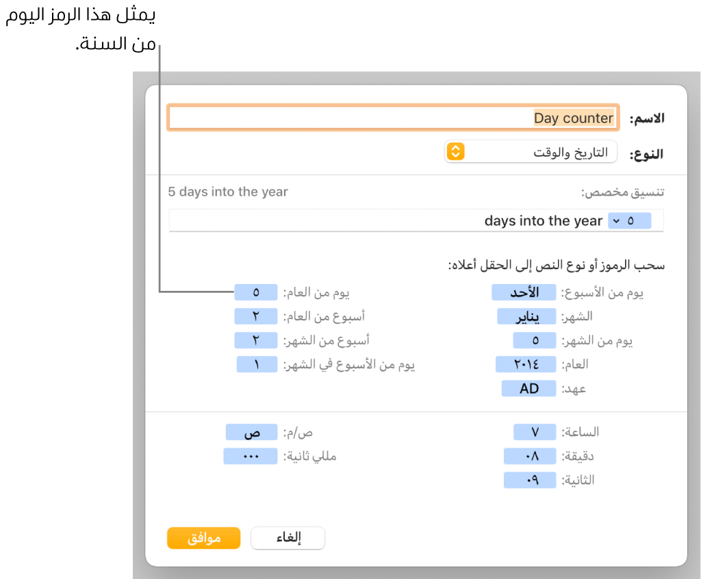 نافذة تنسيق خلية مخصصة مع عناصر تحكم لاختيار التنسيق المخصص للتاريخ والوقت.