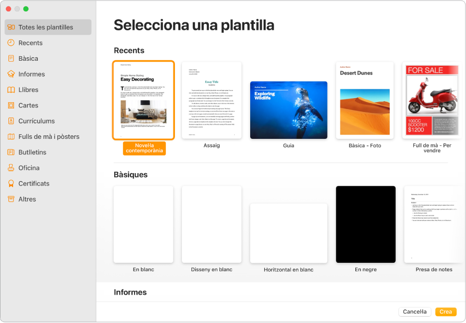 El selector de plantilles. Barra lateral a l’esquerra que mostra la llista de categories de plantilles que pots clicar per filtrar opcions. A la dreta es mostren miniatures de plantilles predissenyades ordenades en files per categoria. Els botons “Cancel·la” i “Crea” es troben a l’angle inferior dret.