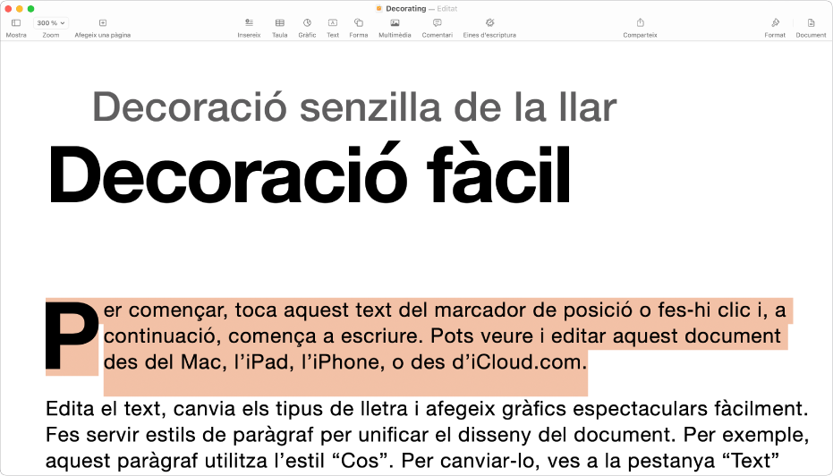 En un document obert amb el text del marcador de posició de la plantilla seleccionat.