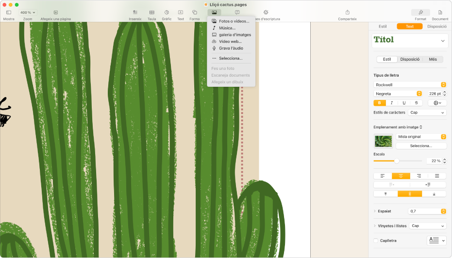 Un document obert amb el menú “Afegeix contingut multimèdia” obert.