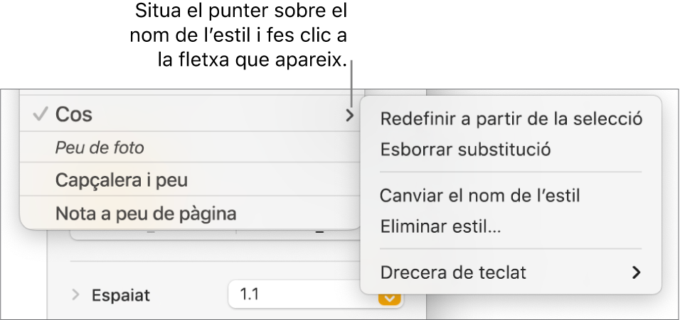 El menú “Estils de paràgraf” amb el menú de dreceres obert.