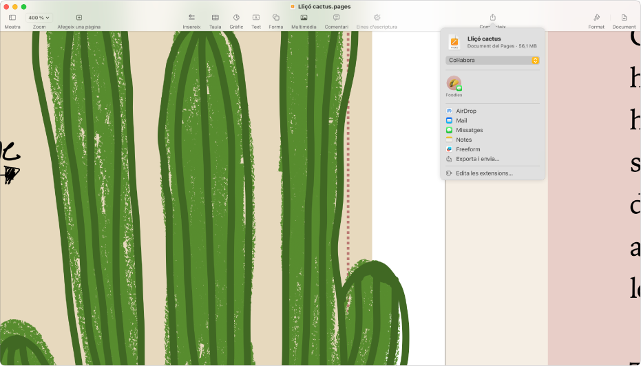 Un document obert amb el menú “Comparteix” obert.