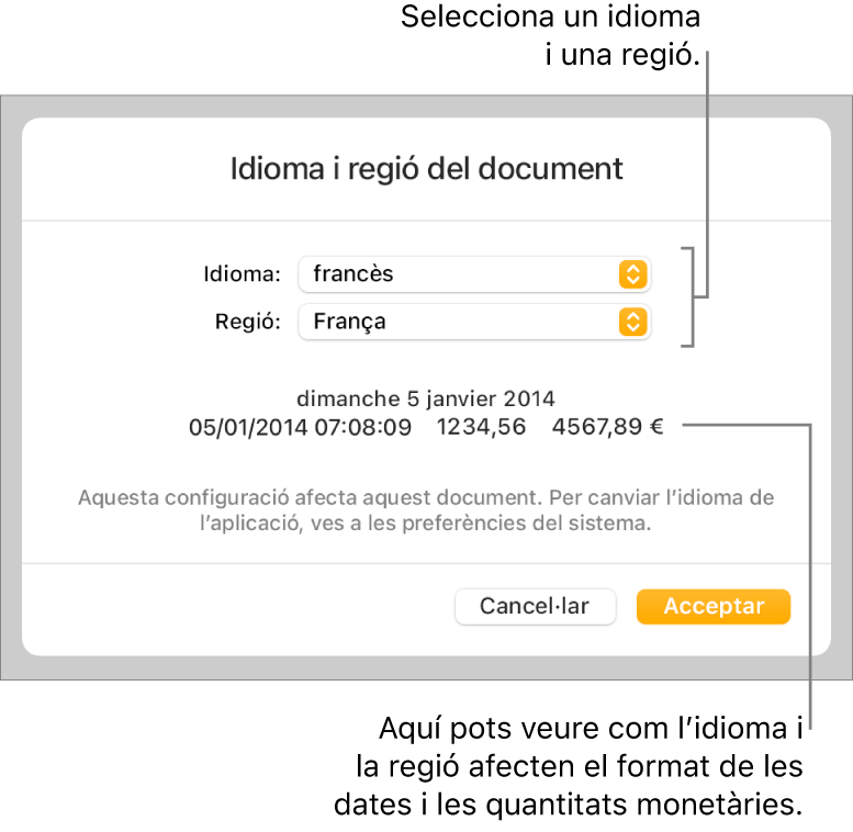 La configuració d’idioma i regió, amb controls per configurar l’idioma i la regió i un exemple de format que inclou la data, l’hora, els decimals i la moneda.