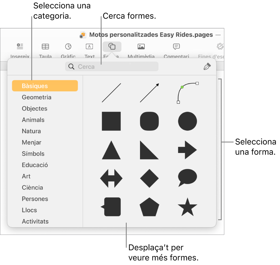 La biblioteca de formes, amb categories a l’esquerra i les formes a la dreta. Pots utilitzar el camp de cerca situat a la part superior per trobar formes i desplaçar‑te per veure’n més.