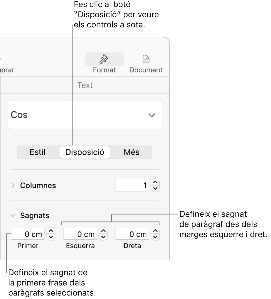 Els controls de la secció Disposició de la barra lateral Format per definir el sagnat de la primera línia.