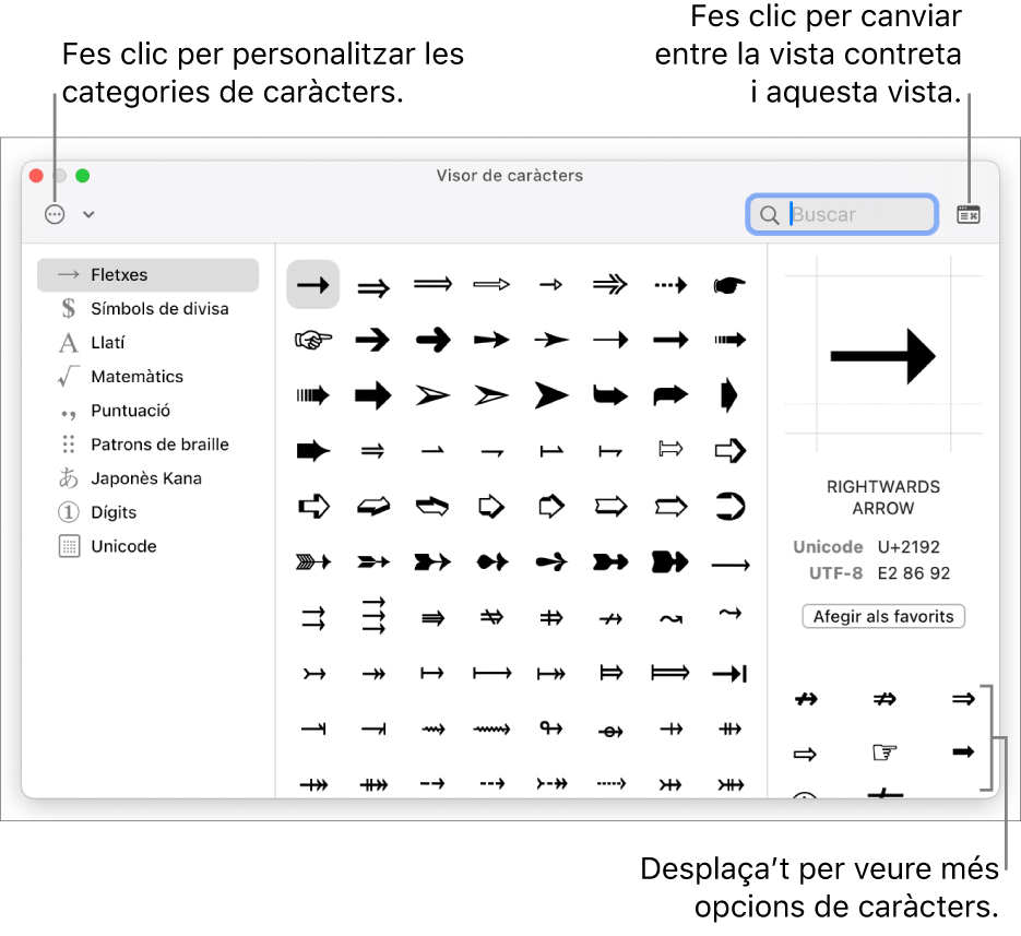 El visor de caràcters ampliat, amb caràcters i símbols especials, un menú amb les diferents categories de símbols a l’esquerra i un botó a l’angle superior dret per tornar a la vista contreta.