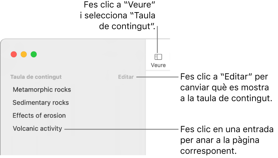 La taula de contingut del costat esquerre de la finestra del Pages amb el botó “Edita” a l’angle superior dret de la barra lateral i les entrades de la taula de contingut en una llista.