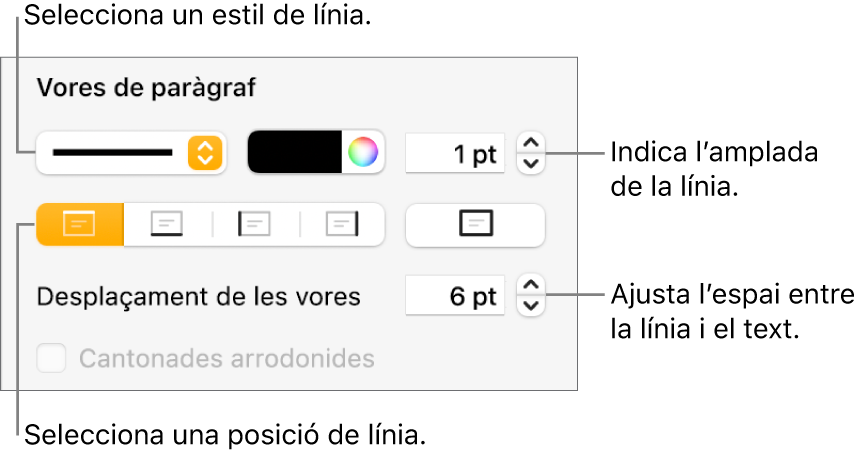 Controls per canviar l’estil, el gruix, la posició i el color de la línia.