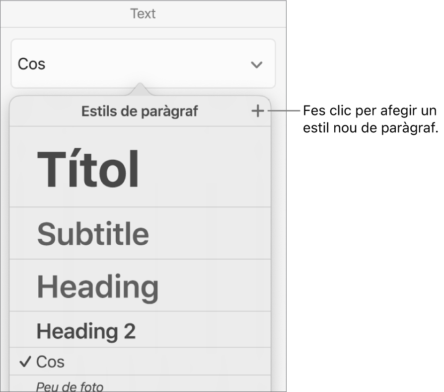 El menú “Estils de paràgraf” amb una llegenda per al botó “Nou estil”.