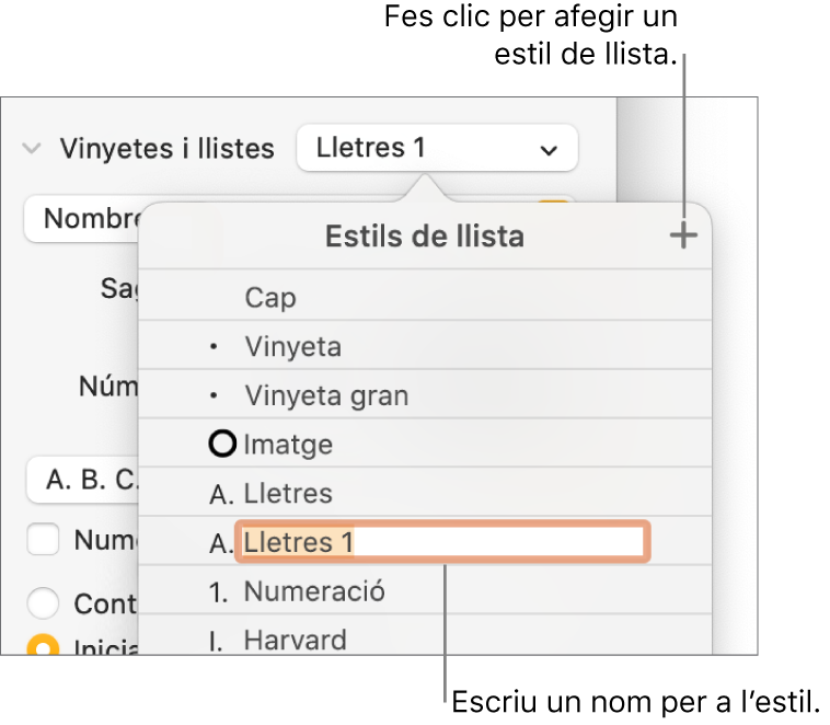 El menú emergent “Estils de llista”, amb un botó “Afegeix” a l’angle superior dret i un nom d’estil de marcador de posició amb el seu text seleccionat.