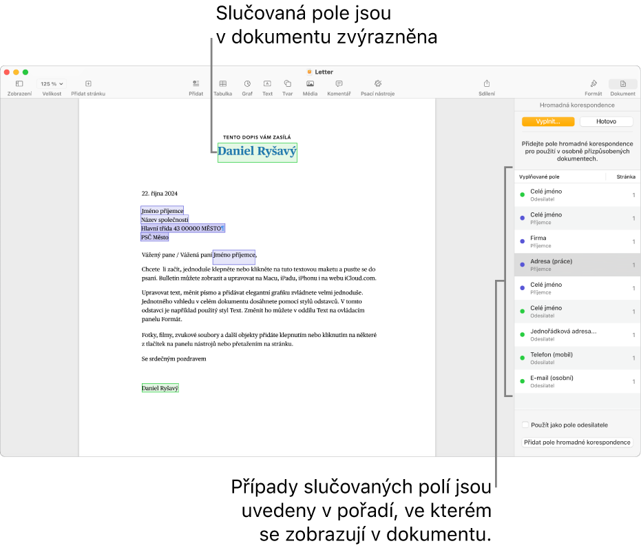 Dokument Pages s poli hromadné korespondence pro příjemce a odesílatele; na bočním panelu Dokument je vidět seznam instancí polí hromadné korespondence