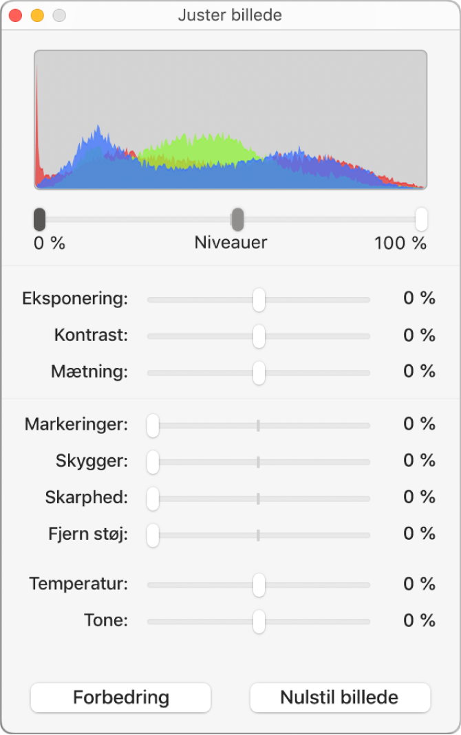 Billedet Juster billede med mærker til indstilling af eksponering, kontrast, mætning, markeringer, skygger, skarphed, fjern støj, temperatur og tone.