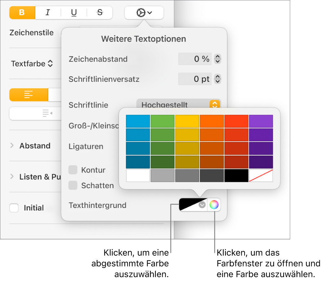 Steuerelemente zur Auswahl einer Hintergrundfarbe für Text.