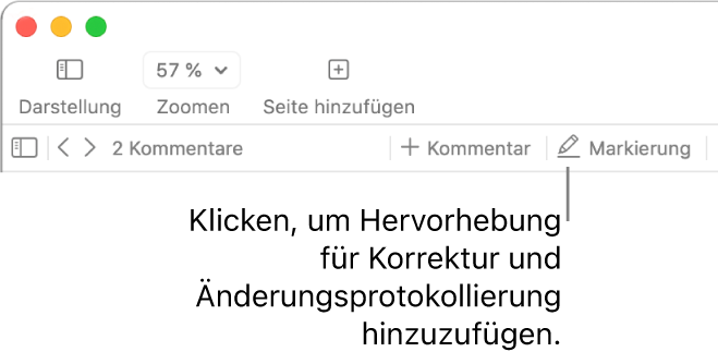 Die Menüleiste mit dem Menü „Einfügen“ und darunter die Symbolleiste von Pages mit eingeblendeten Korrekturwerkzeugen und einer Beschreibung für die Taste „Markieren“