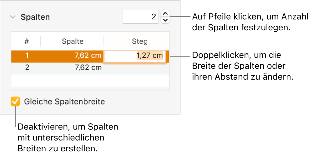 Bereich „Layout“ des Informationsfensters „Format“ mit Steuerelementen für Spalten