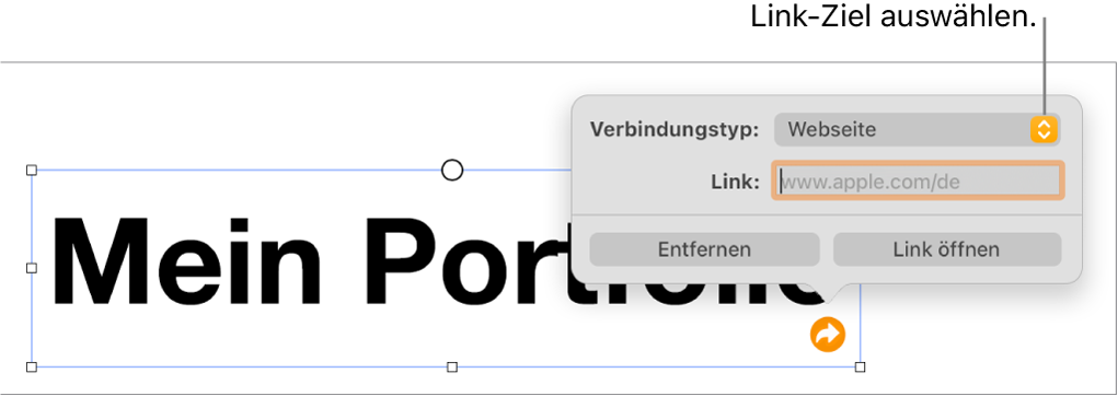 Die Steuerelemente des Linkeditors mit ausgewählter Webseite und den Tasten „Entfernen“ und „Link öffnen“ unten.