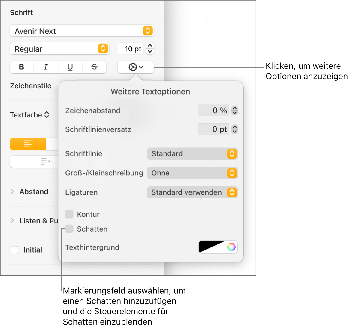 Das geöffnete Menü „Erweiterte Optionen“ mit der aktivierten Option „Schatten“ und Steuerelementen zum Konfigurieren von „Weichzeichnen“, „Versatz“, „Deckkraft“ und „Winkel“ sowie der Farbe.