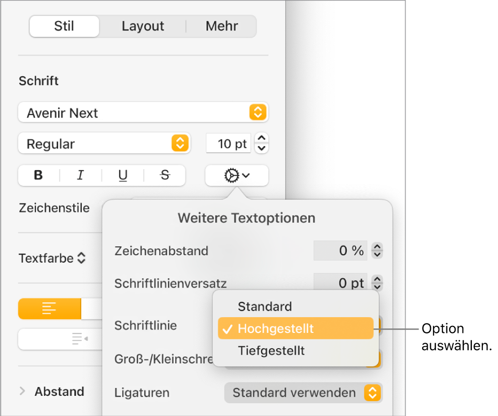 Das Menü „Erweiterte Optionen“ mit dem geöffneten Einblendmenü „Schriftlinie“ und den Menüobjekten „Standard“, „Hochgestellt“ und „Tiefgestellt“.