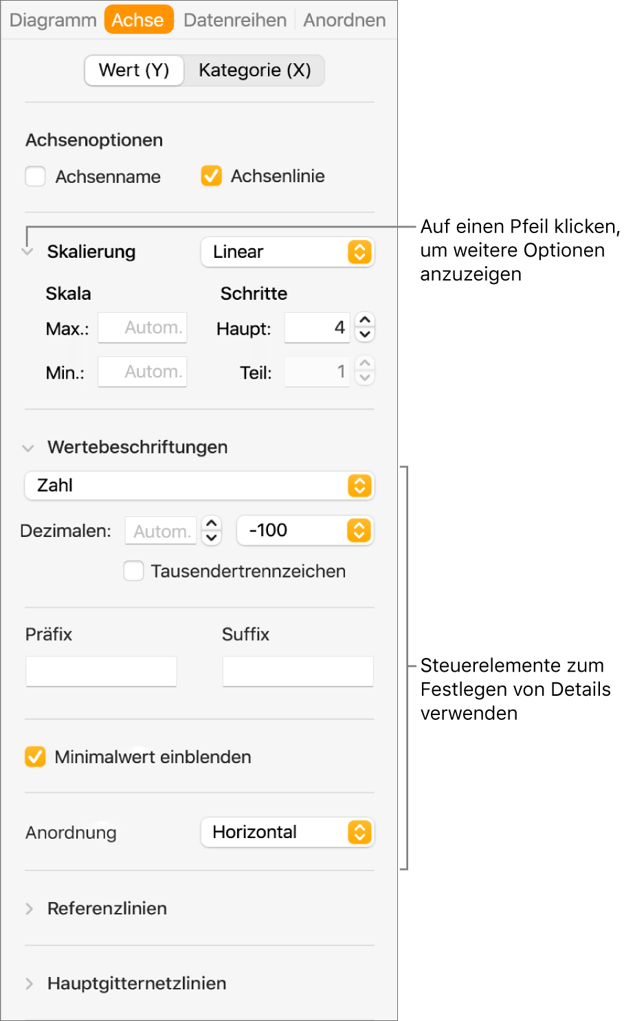 Steuerelemente zum Formatieren der Markierungen auf den Diagrammachsen