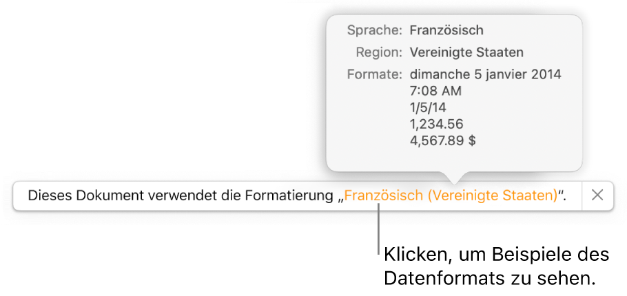 Die Mitteilung zur anderen Sprache und Region mit Beispielen der Formatierung in dieser Sprache und Region.