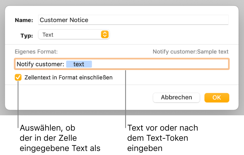 Das Fenster für ein eigenes Zellenformat mit Steuerelementen zum Auswählen eigener Textformatierung