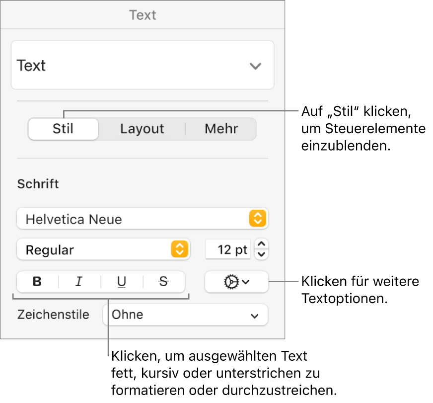 Die Steuerelemente im Tab „Stil“ der Seitenleiste „Format“ mit Beschreibung für die Tasten „Fett“, „Kursiv“, „Unterstrichen“ und „Durchgestrichen“.