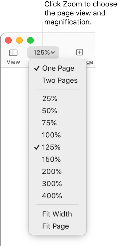 The Zoom pop-up menu with options to view one page and two pages at the top, percentages ranging from 25% to 400% below, and Fit Width and Fit Page at the bottom.