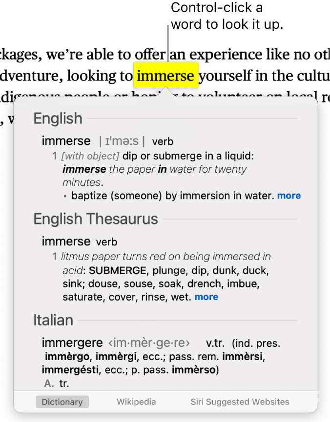 A paragraph with a word highlighted and a window showing its definition and a thesaurus entry. Buttons at the bottom of the window provide links to the dictionary, Wikipedia and Siri suggested websites.