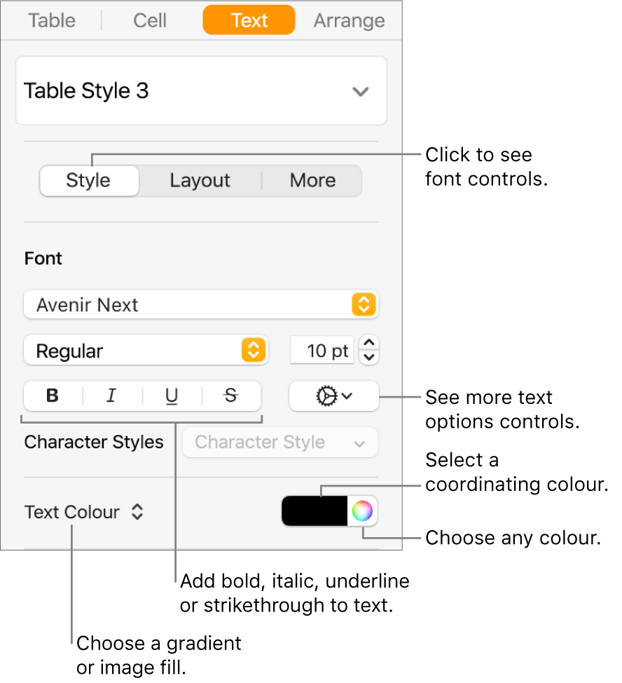 The controls for styling table text.