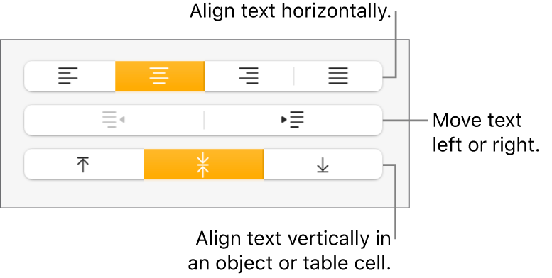 The Alignment section with callouts to the text alignment and spacing buttons.