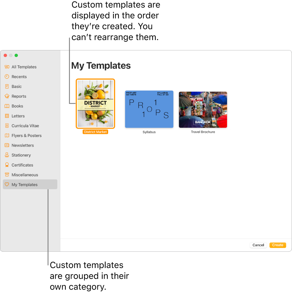 The template chooser with My Templates as the last category on the left. Custom templates are displayed in the order they’re created and can’t be rearranged.