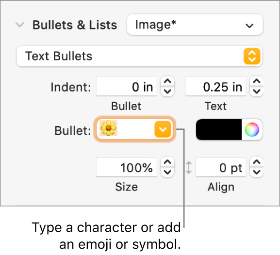 The Bullets & Lists section of the Format sidebar. The Bullet field shows a flower emoji.