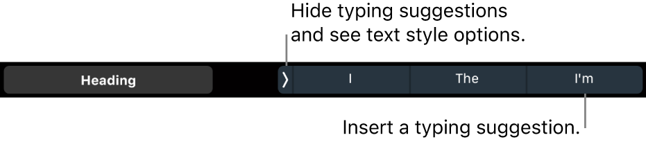 The MacBook Pro Touch Bar with controls for choosing a text style, hiding typing suggestions and inserting typing suggestions.