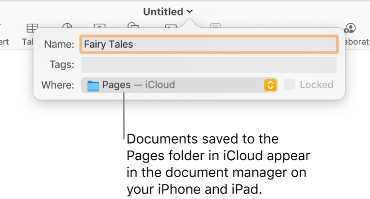 The Save dialogue for a document with Pages — iCloud in the Where pop-up menu.