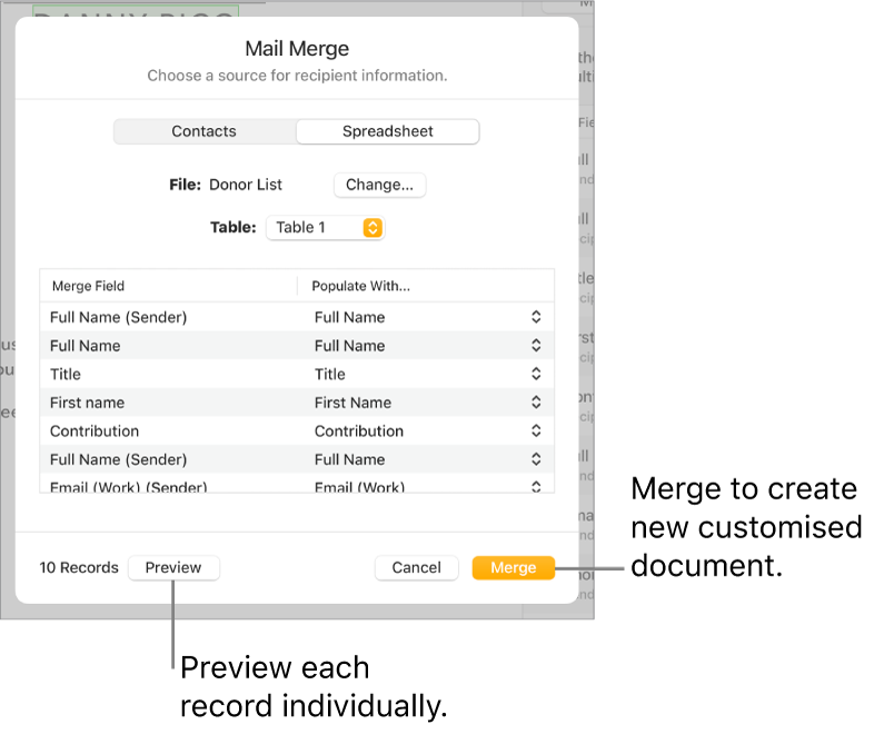 Mail Merge pane open, with options to change the source file or table, preview the merge field names or individual records or merge the document.