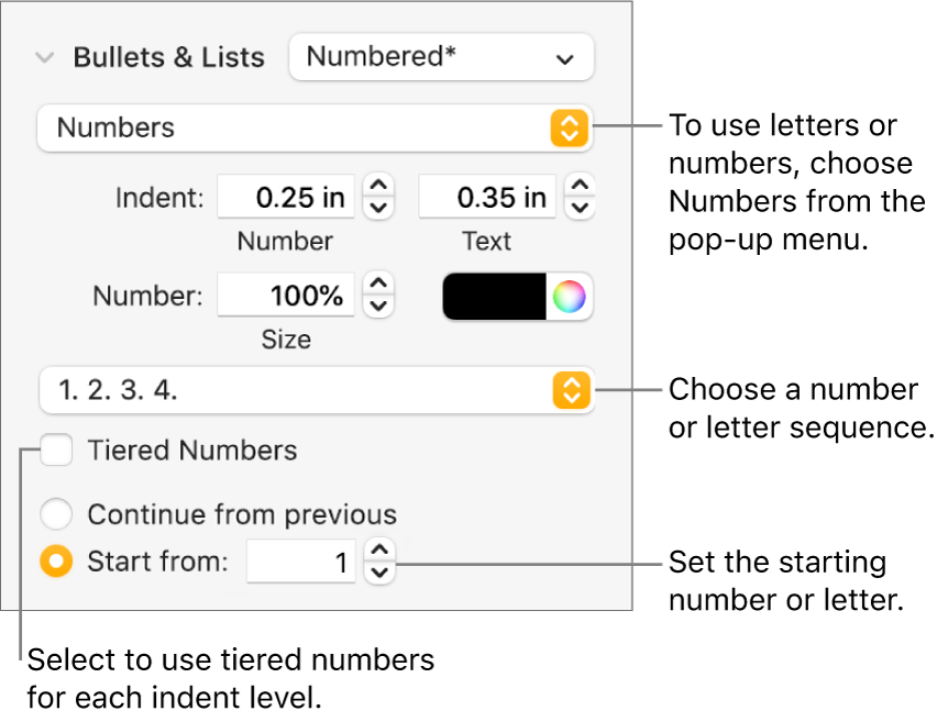 Controls for changing the number style and spacing of a list.