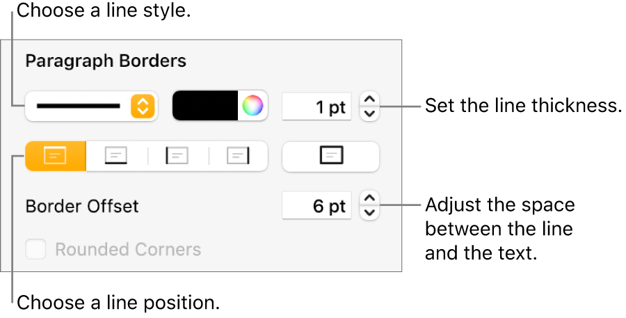 Controls to change the line style, thickness, position and colour.