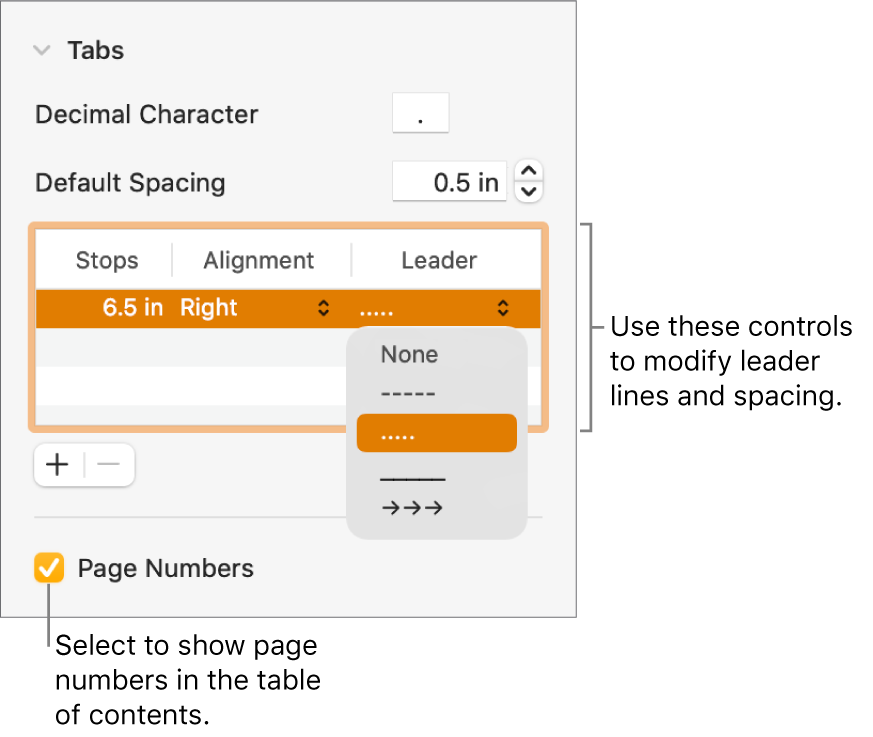 The Tabs section of the Format sidebar. Below Default Spacing is a table with Stops, Alignment and Leader columns. A Page Numbers tickbox appears selected and appears below the table.