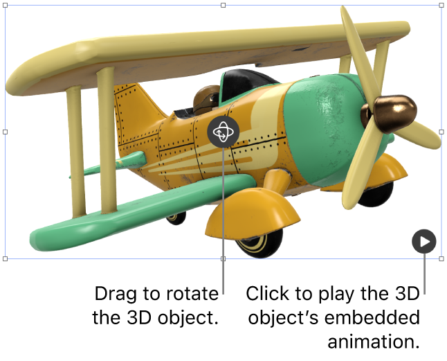 A 3D object with the Rotate button in the middle of the object and the Play button in the lower-right corner.