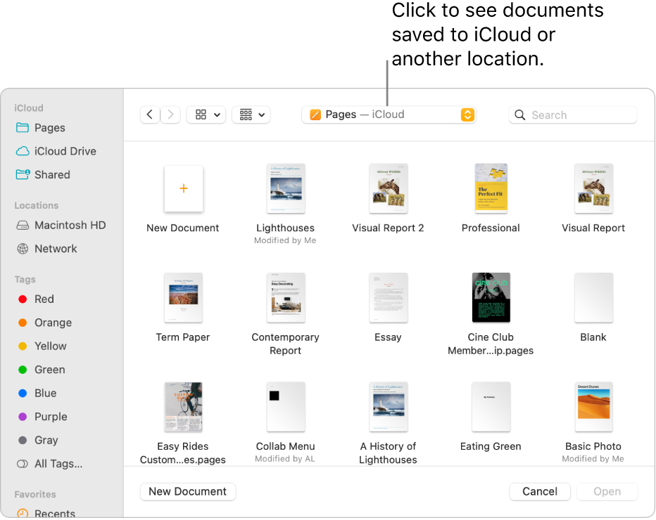 The Open dialog with the sidebar open on the left and iCloud Drive selected in the pop-up menu at the top. Folders for Keynote, Numbers, and Pages appear in the dialog, along with a New Document button.