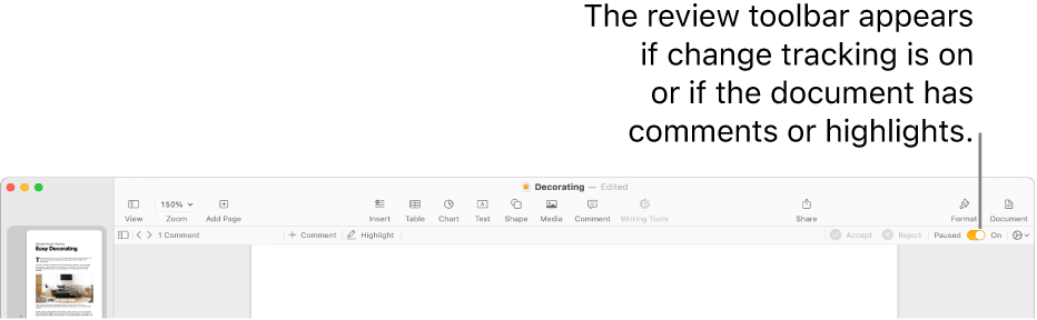 The Pages toolbar with change tracking turned on and the review toolbar below the Pages toolbar.