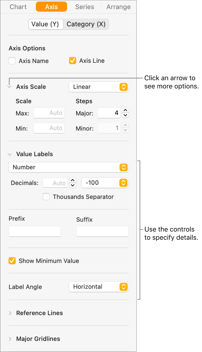 Controls for formatting chart axis markings.