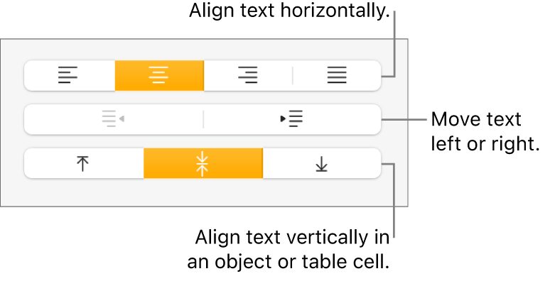 The Alignment section of the Format inspector with buttons for aligning text horizontally and vertically and buttons to move text left or right.