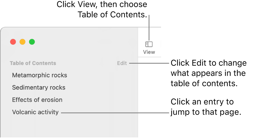 The table of contents on the left side of the Pages window with an Edit button at the top-right corner of the sidebar and table of contents entries in a list. The View button is in the top-left corner of the Pages toolbar, above the sidebar.