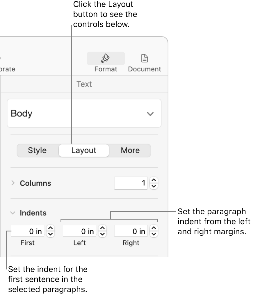 Controls in the Layout section of the Format sidebar for setting first line indent.